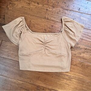 American Eagle Cropped Ribbed Flutter Sleeve Top - Brown - Size Large